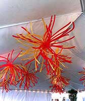 These five foot diameter clusters of orange and red non-round balloons are used to give a party venue ceiling with a modern energetic appearance.
